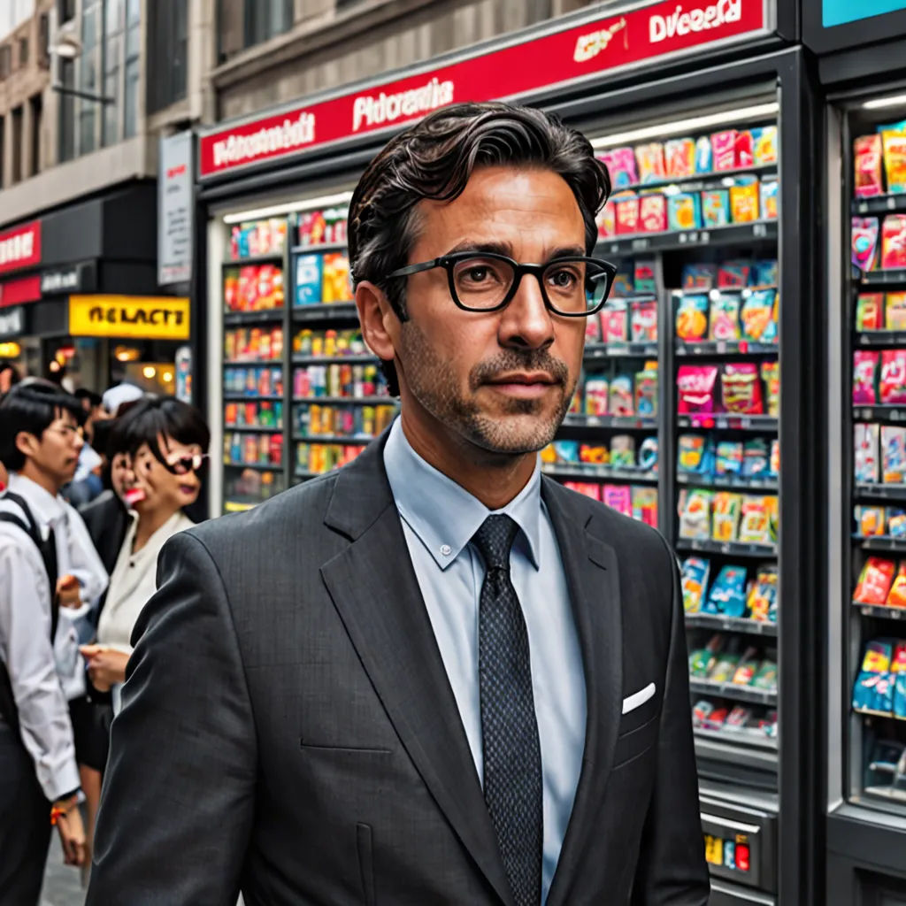 a man in a suit and tie standing in front of a vending machine in a city street with people walking by, international typographic style, a character portrait, david rubín, hyper real
