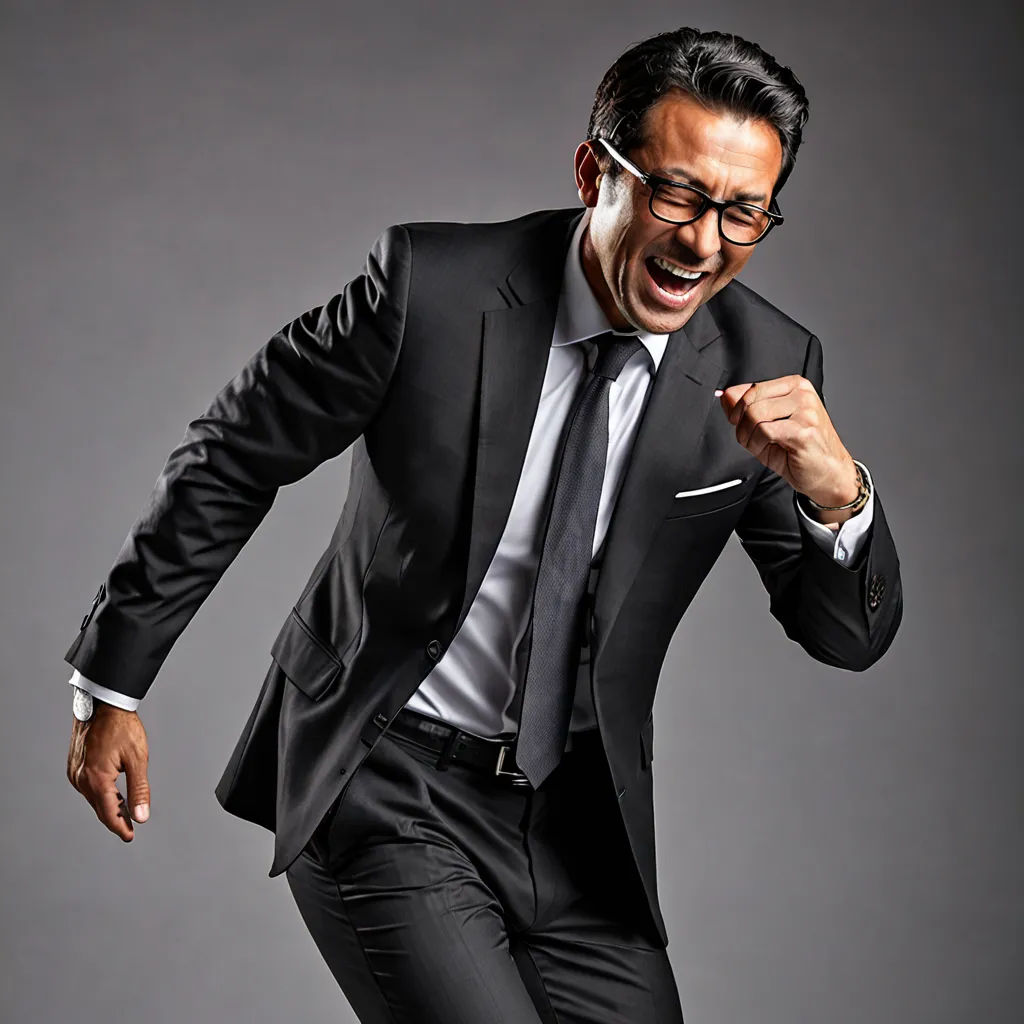 a man in a suit and tie is laughing and dancing with his hands in his pockets and his mouth open, figuration libre, a stock photo, Byron Galvez, hyper realistic face