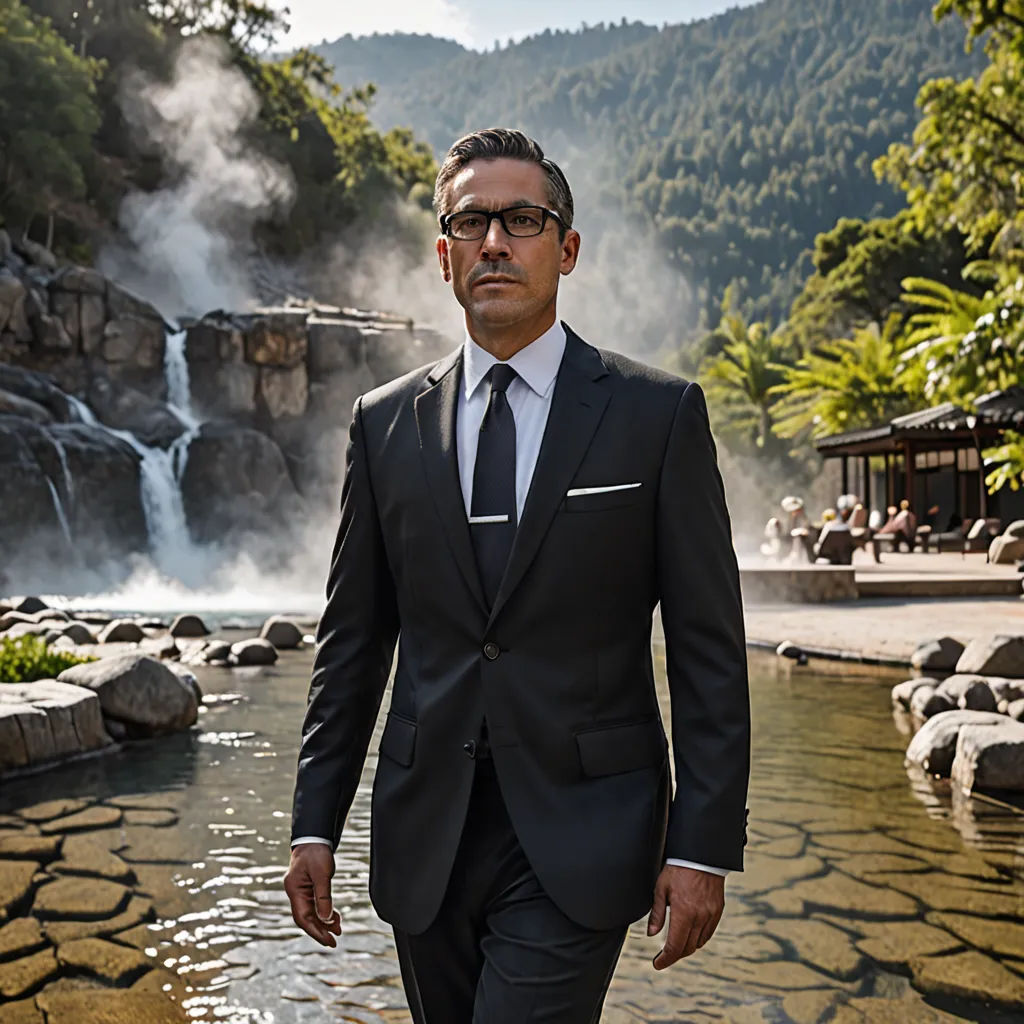 a man in a suit and tie walking by a waterfall in a park with a waterfall in the background, fantastic realism, a character portrait, Agustín Fernández, promotional image