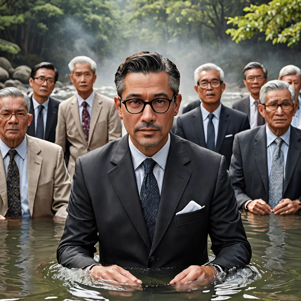 a group of men in suits standing in water with one man in the middle of the water and the other man in the middle of the water, serial art, a stock photo, Eizan Kikukawa, promotional image