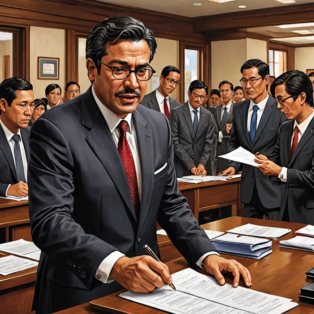 a painting of a man in a suit and tie standing in front of a group of people in a courtroom, american scene painting, a detailed painting, Choi Buk, highly detailed oil painting