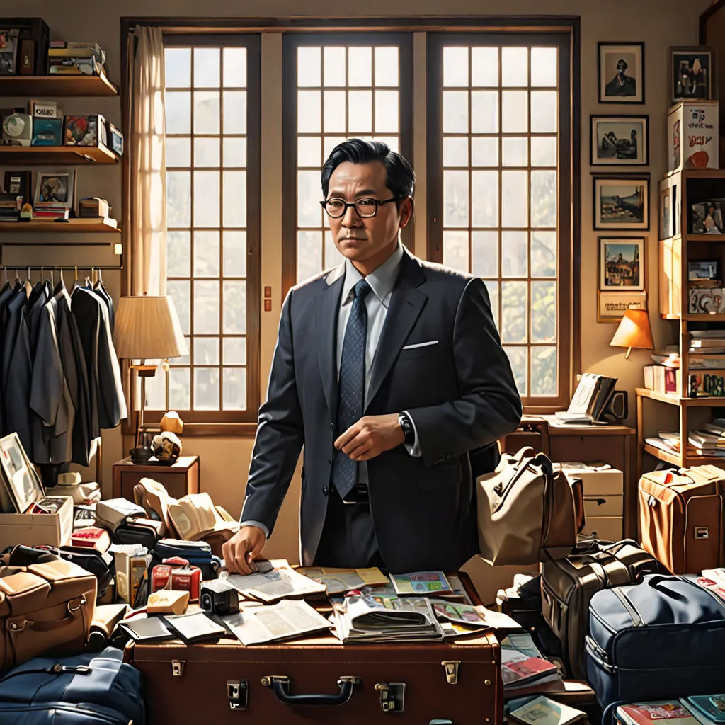 a man in a suit and tie standing in a room with luggage and a suitcase on the floor and a window, serial art, a character portrait, Choi Buk, promotional image