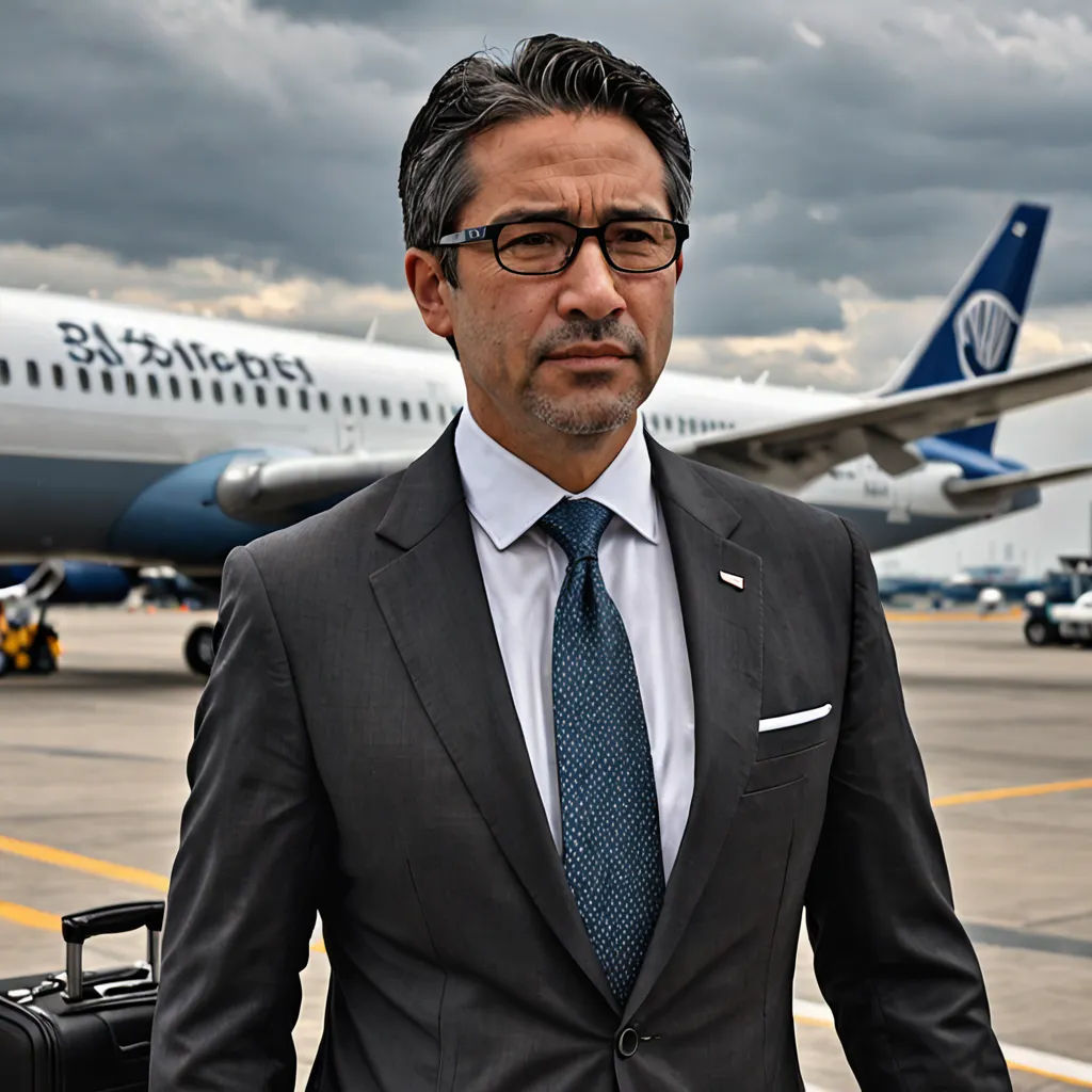 a man in a suit and tie standing in front of a plane on the tarmac with luggage in his hand, tachisme, a character portrait, Federico Uribe, ignacio fernandez rios