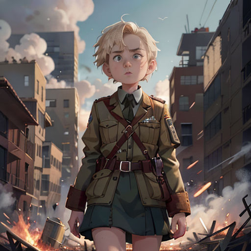 a girl in a uniform is standing in a city street with a fire coming out of her mouth and a building in the background