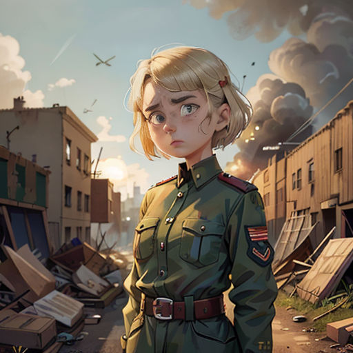a woman in a military uniform standing in a street with a building in the background and a plane flying overhead