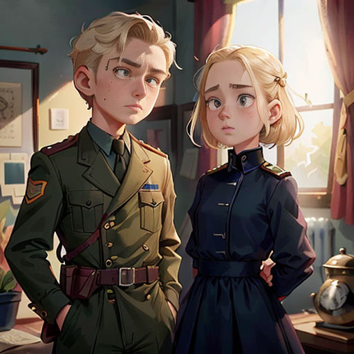 a couple of people standing next to each other in a room with a window and a clock on the wall