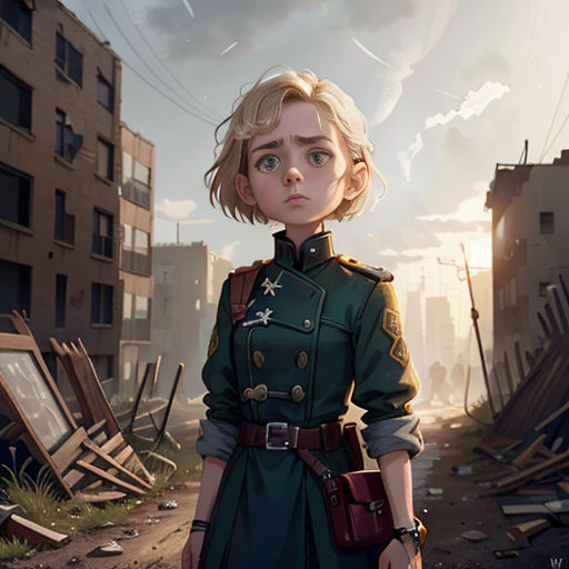 a woman in a green uniform standing in a dirty street with a building in the background and a sky with clouds