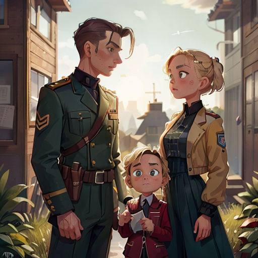 a couple of people standing next to each other near a building and trees with a sky background and a building