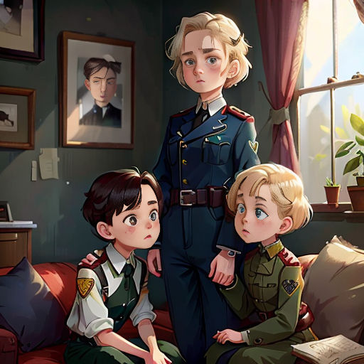 a couple of kids sitting on top of a couch next to a woman in uniform and a man in uniform