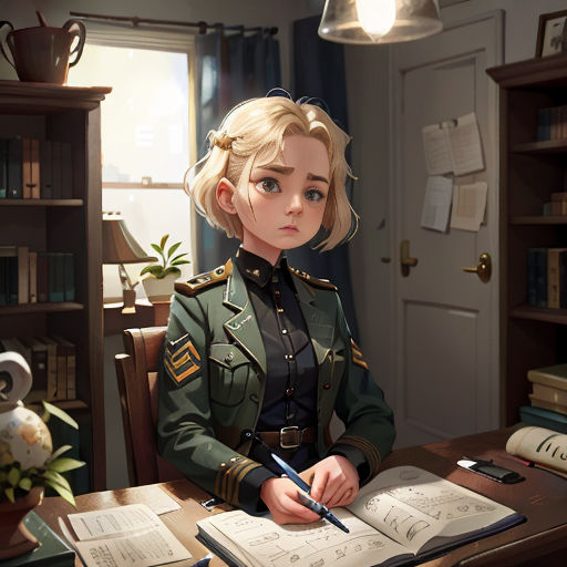 a woman in uniform sitting at a desk with a book and pen in her hand and a book open to her side