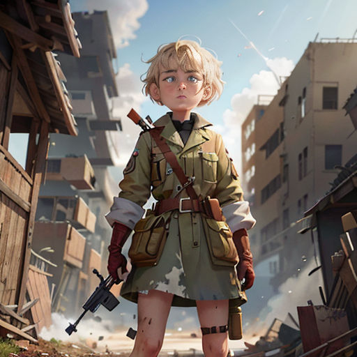 a girl in a military uniform holding a gun in a city street with buildings in the background and a sky background