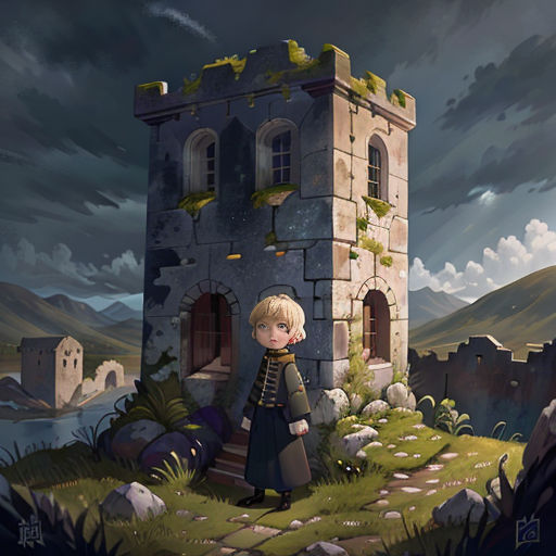a boy and a girl standing in front of a castle with a dark sky in the background and a mountain in the foreground