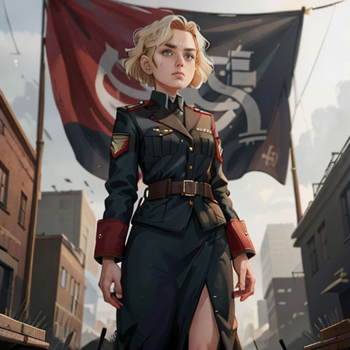 a woman in a military uniform standing in front of a flag and a building with a flag on it