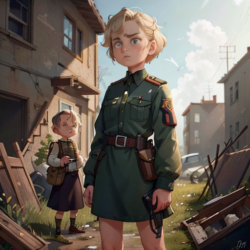 a woman in a uniform standing next to a boy in a green dress and a suitcase in a street