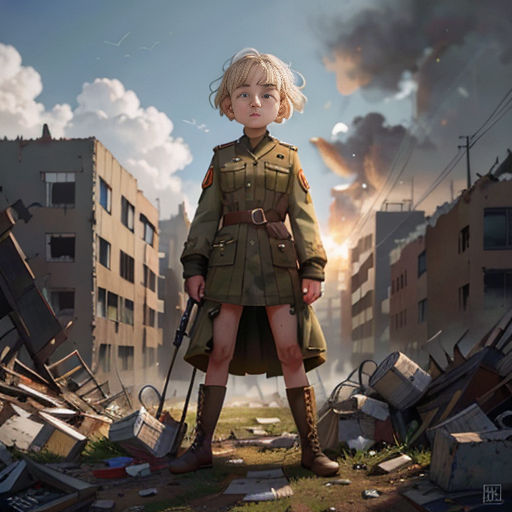 a girl in a military uniform standing in a destroyed city with a gun in her hand and a building in the background