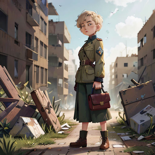 a woman in a uniform standing in a street with a suitcase and a suitcase behind her, with a building in the background