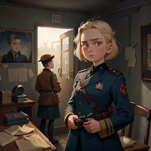a woman in uniform standing in front of a desk with a man in uniform standing next to her and another man in uniform