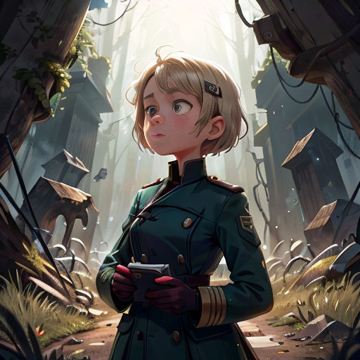 a woman in a green coat standing in a forest looking at a cell phone in her hand and looking at the camera