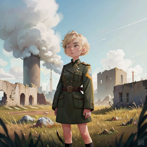 a girl in a military uniform standing in front of a factory with smoke pouring out of it's stacks