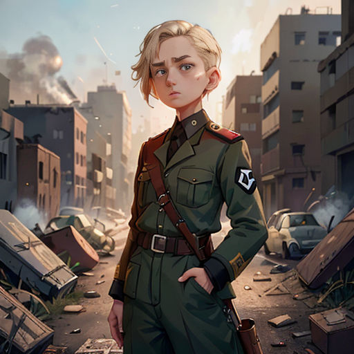 a woman in a military uniform standing in a city street with a lot of debris and buildings in the background