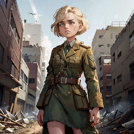 a woman in a military uniform standing in a city street with a building in the background and debris everywhere