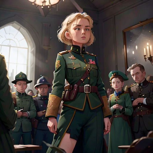 a woman in a uniform standing in front of a group of men in uniform and a woman in a green dress