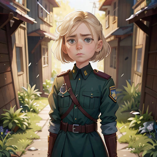 a girl in a uniform standing in a alley way with a dog in her hand and a house in the background