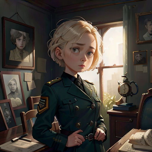 a woman in a uniform standing in a room with pictures on the wall and a desk with a clock