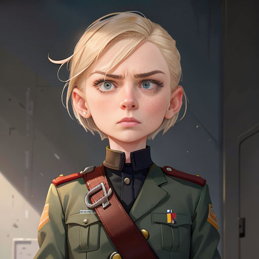 a woman in a uniform with a serious look on her face and shoulder, standing in a hallway with a door