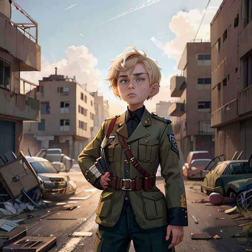 a boy in a military uniform standing in a street with a building in the background and a car in the foreground