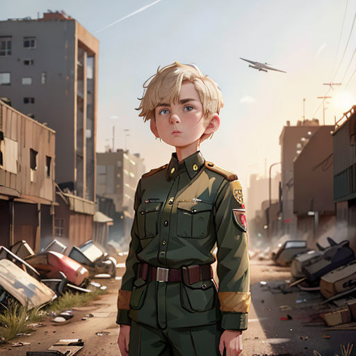 a woman in a military uniform standing in a destroyed area with a helicopter in the background and a building in the background
