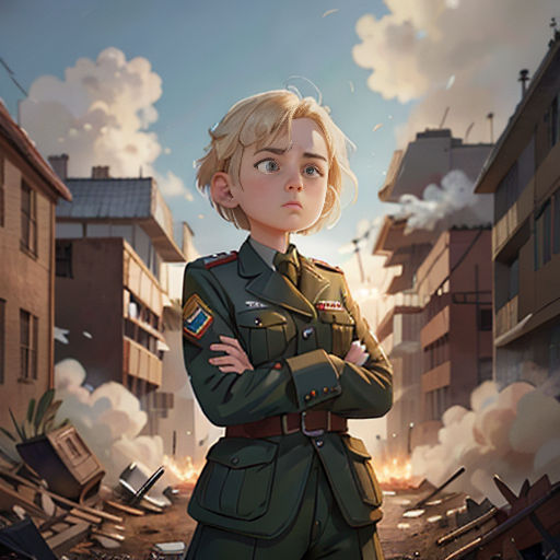 a woman in a military uniform standing in a destroyed city street with her arms crossed and looking at the camera