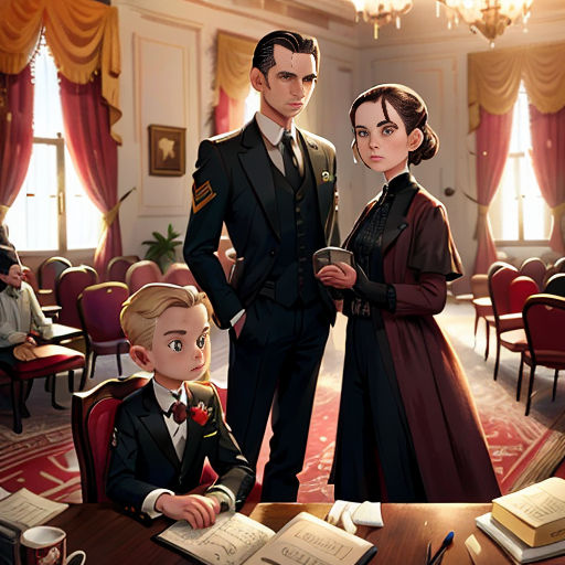 a man and woman standing next to a boy in a suit and tie in a room full of chairs