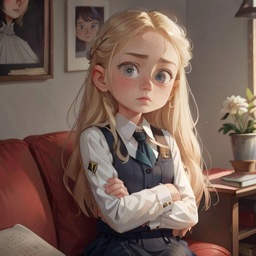 a girl sitting on a couch with her arms crossed and looking at the camera with a book in front of her