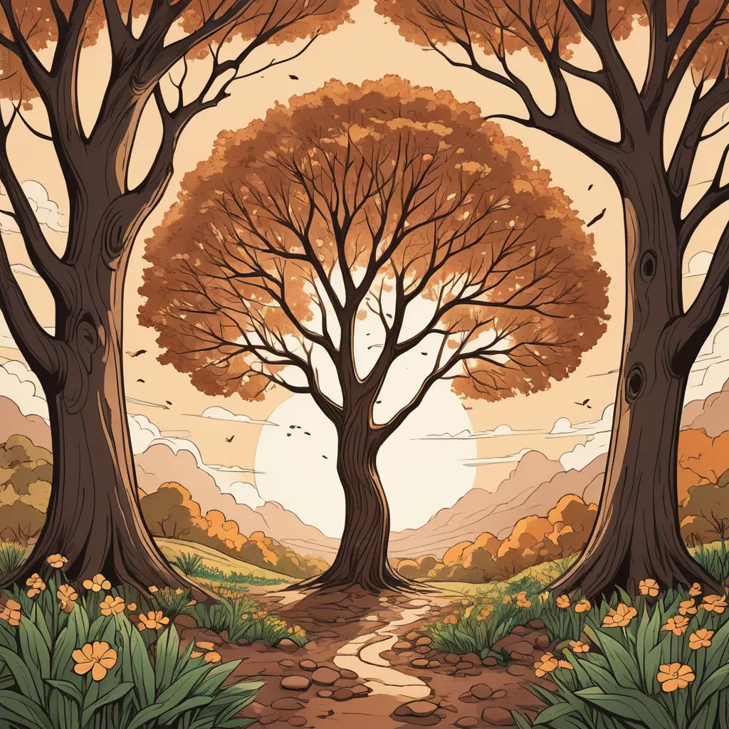 a painting of a path leading to two trees with leaves on them and a sky background with clouds and flowers, fantasy art, a storybook illustration, Dan Mumford, rossdraws global illumination