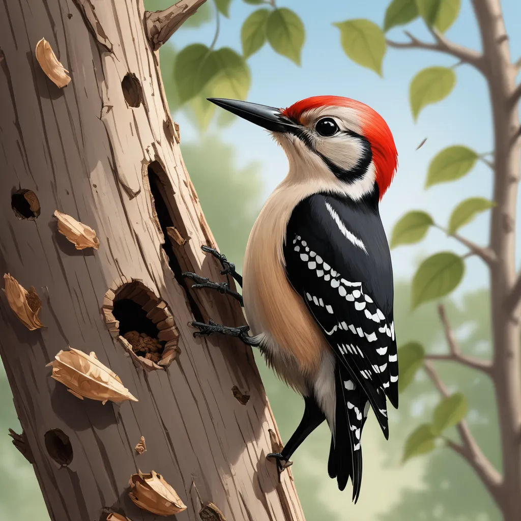 a bird with a red head is perched on a tree branch in a forest with leaves and branches around it, photorealism, a digital painting, Chris LaBrooy, highly detailed digital painting