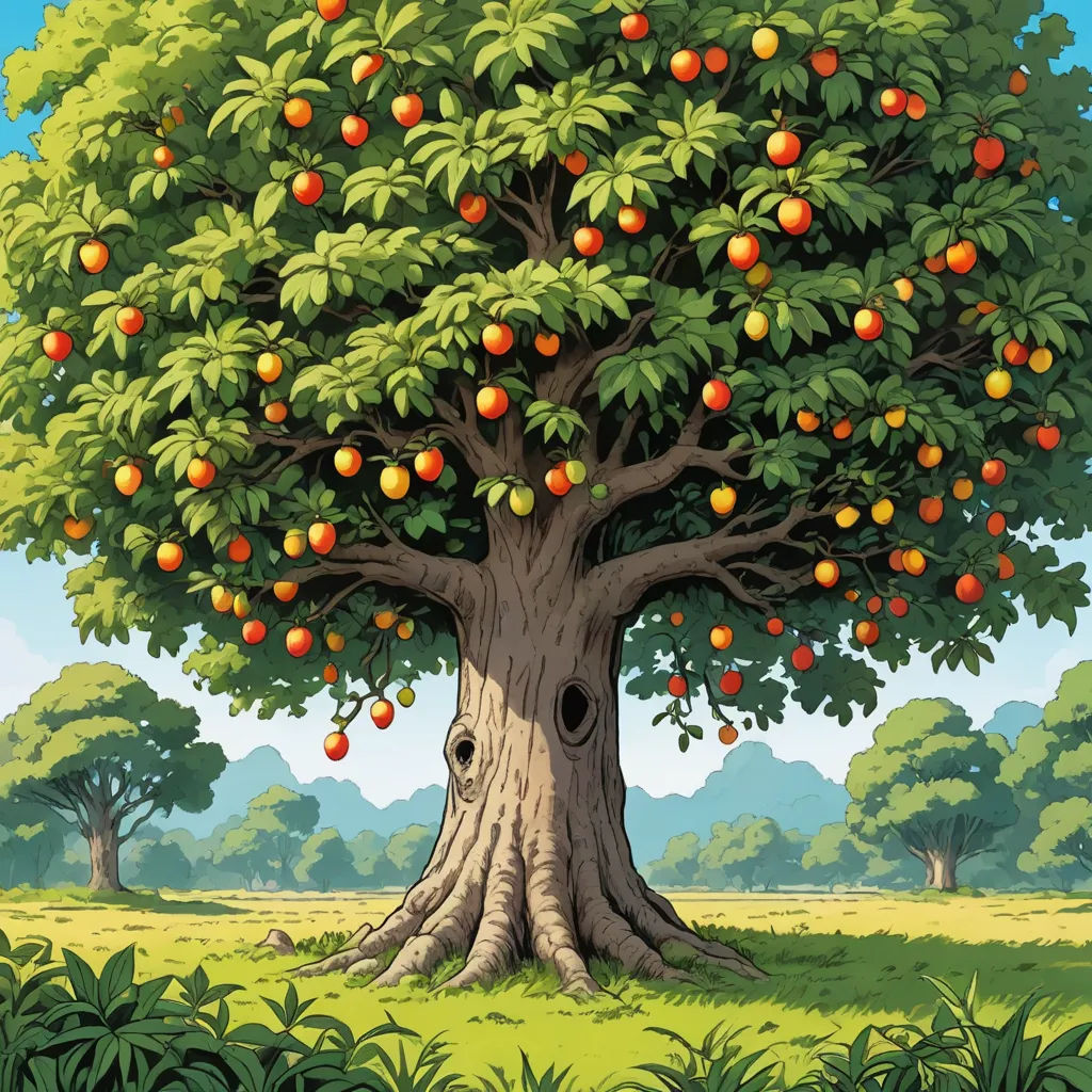 a tree with oranges growing on it in a field with grass and trees in the background, with a blue sky, ecological art, computer graphics, Chris LaBrooy, furaffinity