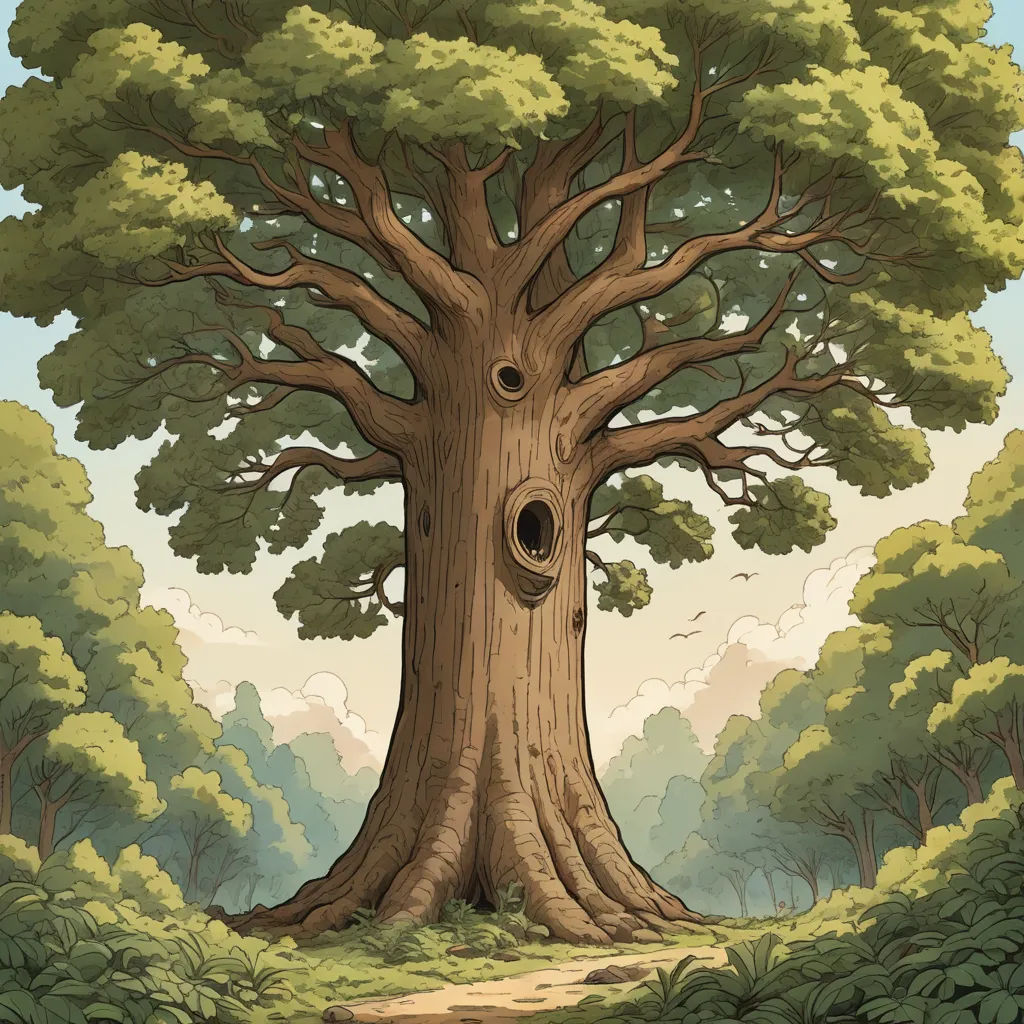 a cartoon tree with a hole in the trunk and a path leading to it in the middle of a forest, fantasy art, a storybook illustration, Chris LaBrooy, ghibli