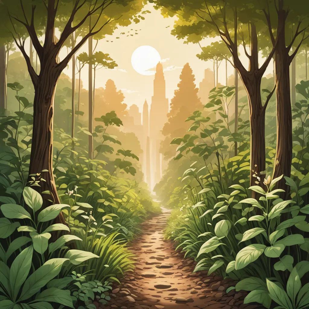 a painting of a forest with a path leading to a tall building in the distance with a sun setting, fantasy art, a storybook illustration, Dan Mumford, forest