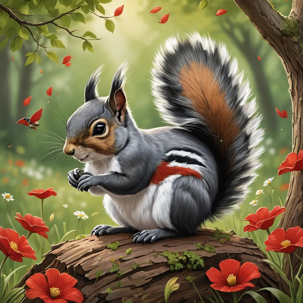 a squirrel is sitting on a log in the woods with red flowers around it and a tree in the background, furry art, an airbrush painting, Chris LaBrooy, highly detailed digital painting