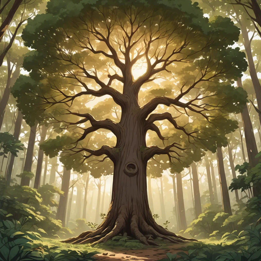 a painting of a tree in a forest with sun shining through the trees and a path leading to it, fantasy art, a detailed matte painting, Andreas Rocha, magic the gathering artwork