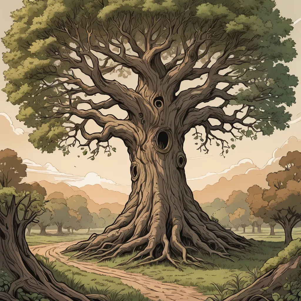 a tree with a hole in it in a field with a dirt road leading to it and a dirt path leading to the tree, fantasy art, a storybook illustration, Dan Mumford, storybook illustration