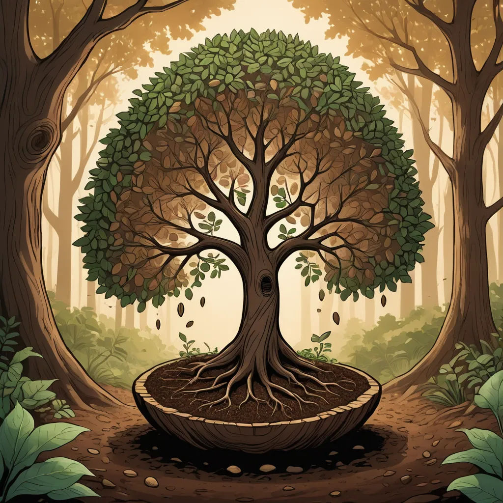 a tree with a large root in a forest with leaves and a bird on it's back, with a bird perched on the top of the tree, naturalism, a storybook illustration, Dan Mumford, storybook illustration