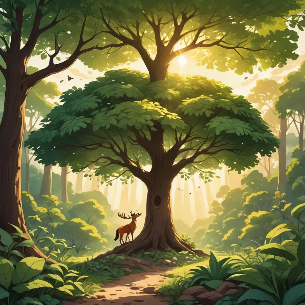 a painting of a deer in a forest with a path leading to a tree with a sunbeam in the background, environmental art, a storybook illustration, Eyvind Earle, forest