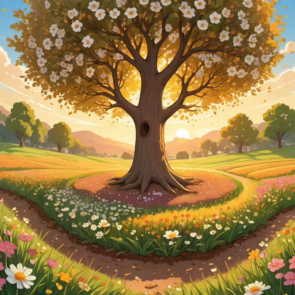 a painting of a tree in a field with flowers and a path leading to it with a hole in the tree, naturalism, a storybook illustration, Chris LaBrooy, storybook illustration