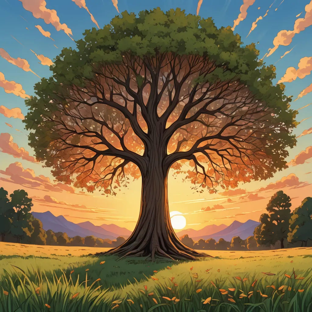 a painting of a tree with the sun setting behind it and clouds in the sky above it, and a grassy field below, environmental art, a storybook illustration, Dan Mumford, sun