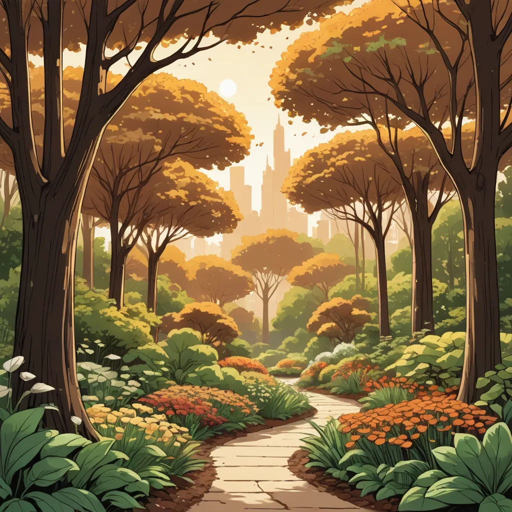 a painting of a pathway through a park with trees and flowers on both sides of it and a city in the distance, fantasy art, a comic book panel, Dan Mumford, rossdraws global illumination
