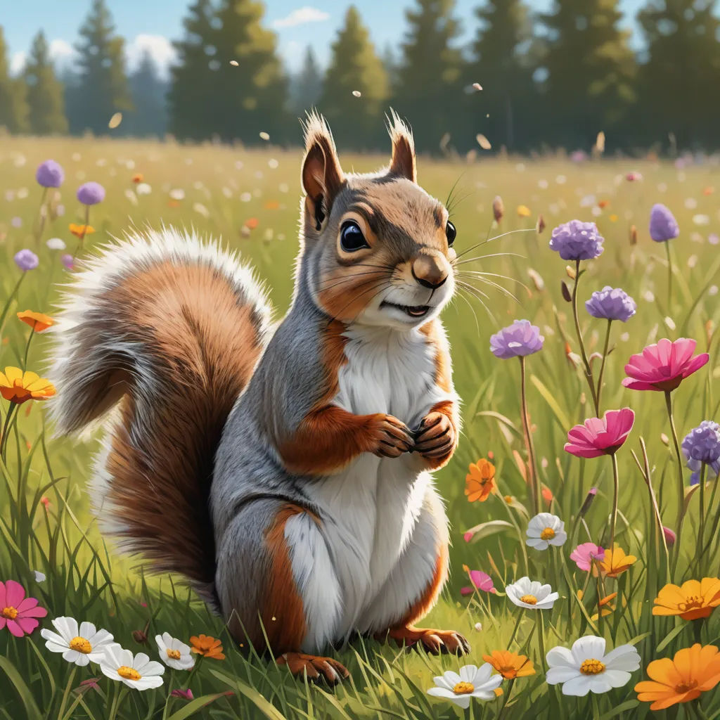 a painting of a squirrel in a field of flowers and daisies with a forest in the background and a blue sky, furry art, a digital painting, Chris LaBrooy, trending on art station