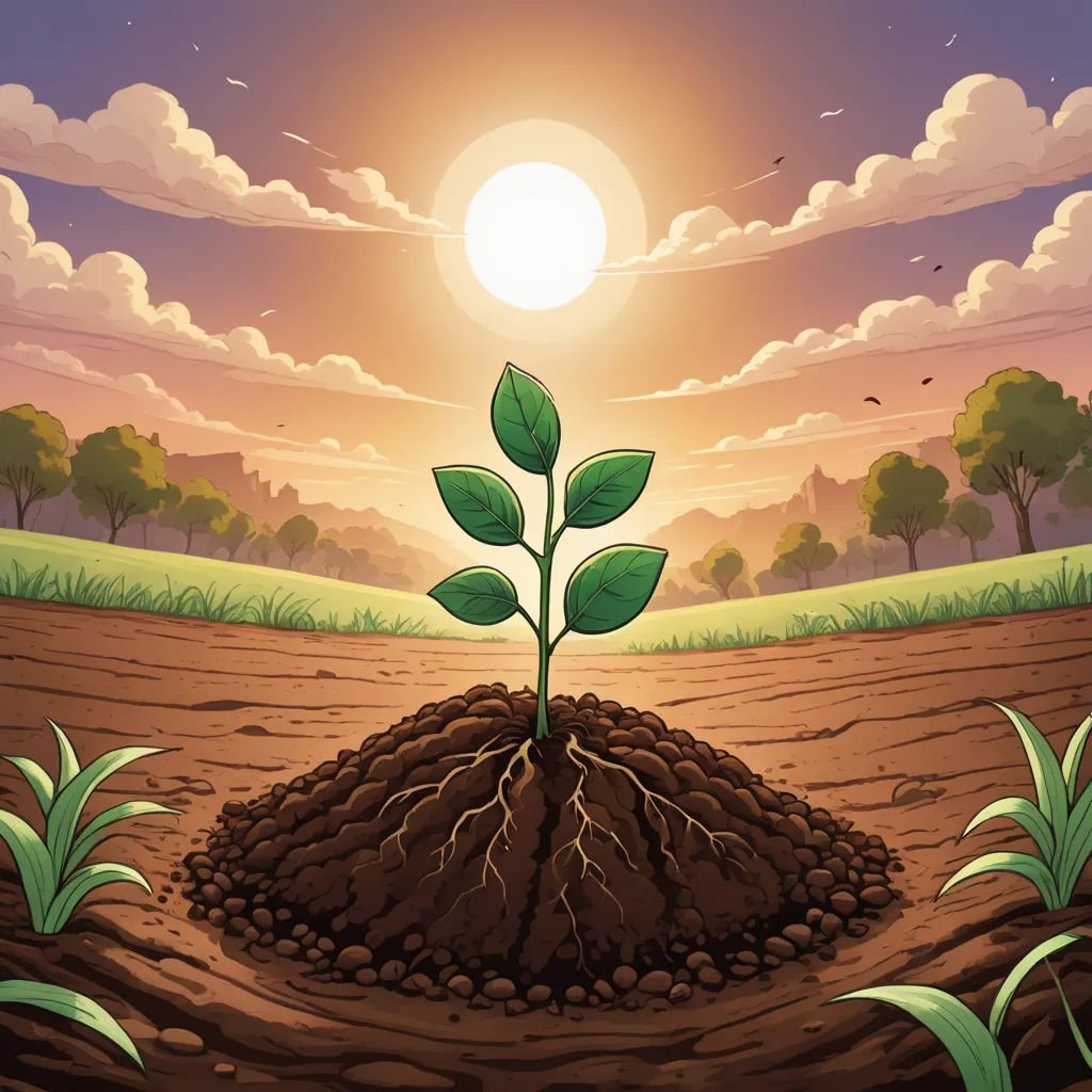 a cartoon of a plant growing out of a dirt patch in a field with the sun in the background, environmental art, a storybook illustration, Chris LaBrooy, rossdraws global illumination