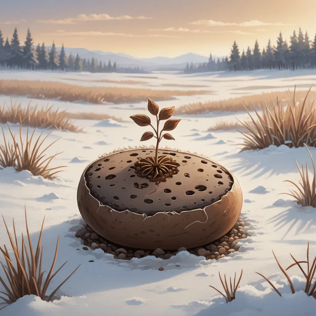 a cake with a plant growing out of it in the snow with a field in the background and a sunset, environmental art, a digital painting, Chris LaBrooy, ultra realistic digital art
